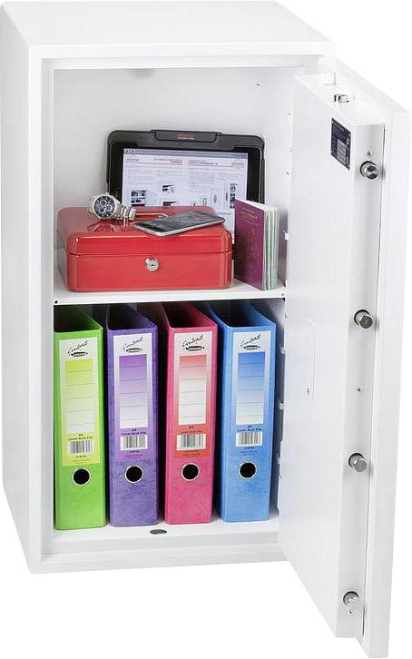 Ein geöffneter Safe zeigt einen Tablet-Computer, eine rote Geldkassette und Dokumente. Darunter stehen vier bunte Aktenordner.