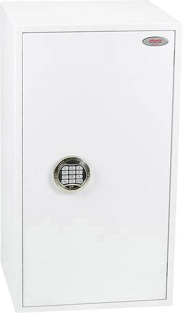 Weißer Sicherheitstresor mit elektronischem Zahlenschloss, rechteckige Form. Geeignet zur Aufbewahrung von Wertsachen.