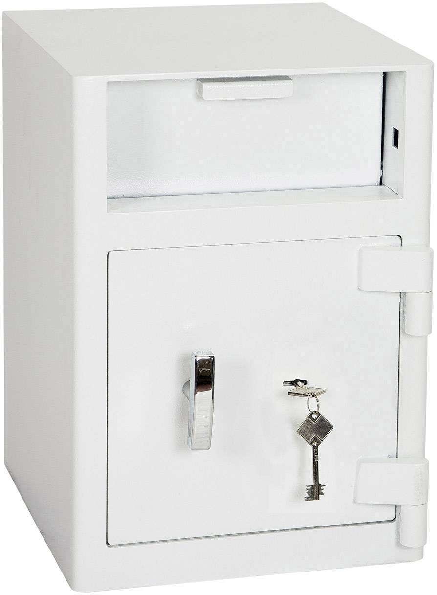 Metallschließfach mit Vorhängeschloss und Schlüssel in Schlüsselloch. Weiße, rechteckige Form. Ideal zur sicheren Lagerung von Wertgegenständen.
