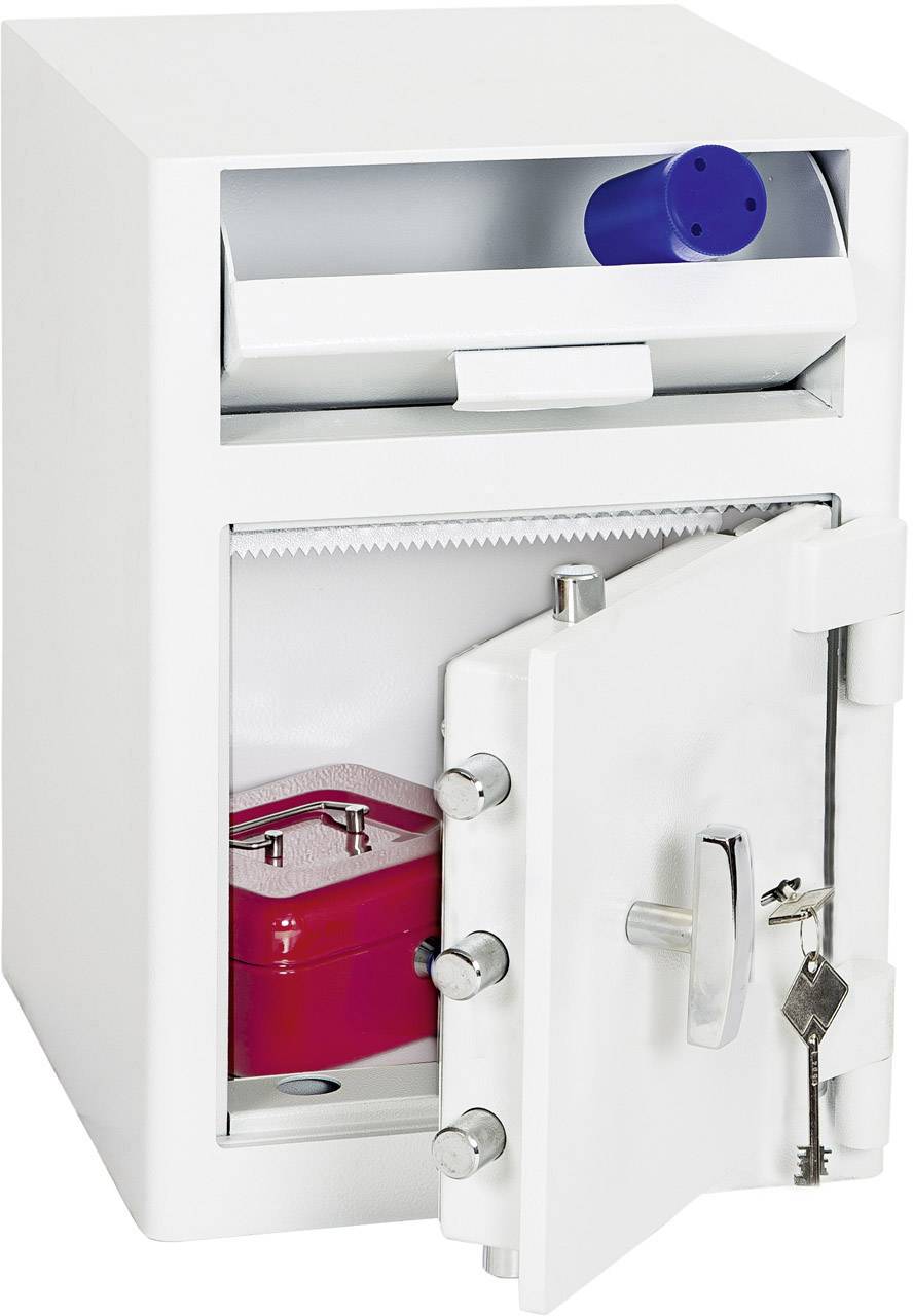Ein geöffneter weißer Tresor mit einem roten Kasten darin. Auf dem Tresor liegt eine blaue Rolle.