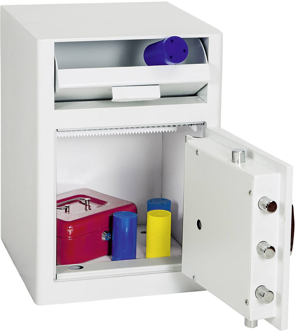 Ein geöffneter Tresor zeigt eine rote Geldkassette und mehrere bunte Zylinder. Eine Klappe oben ist ebenfalls geöffnet.