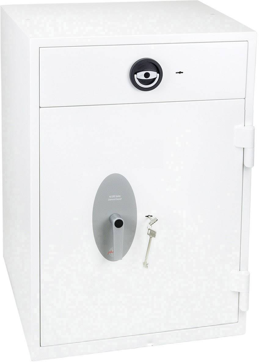 Ein weißer Tresor mit einer silbernen Griffleiste und einem Sicherheitsschloss. Eine herunterhängende Schlüssel liegt daneben.