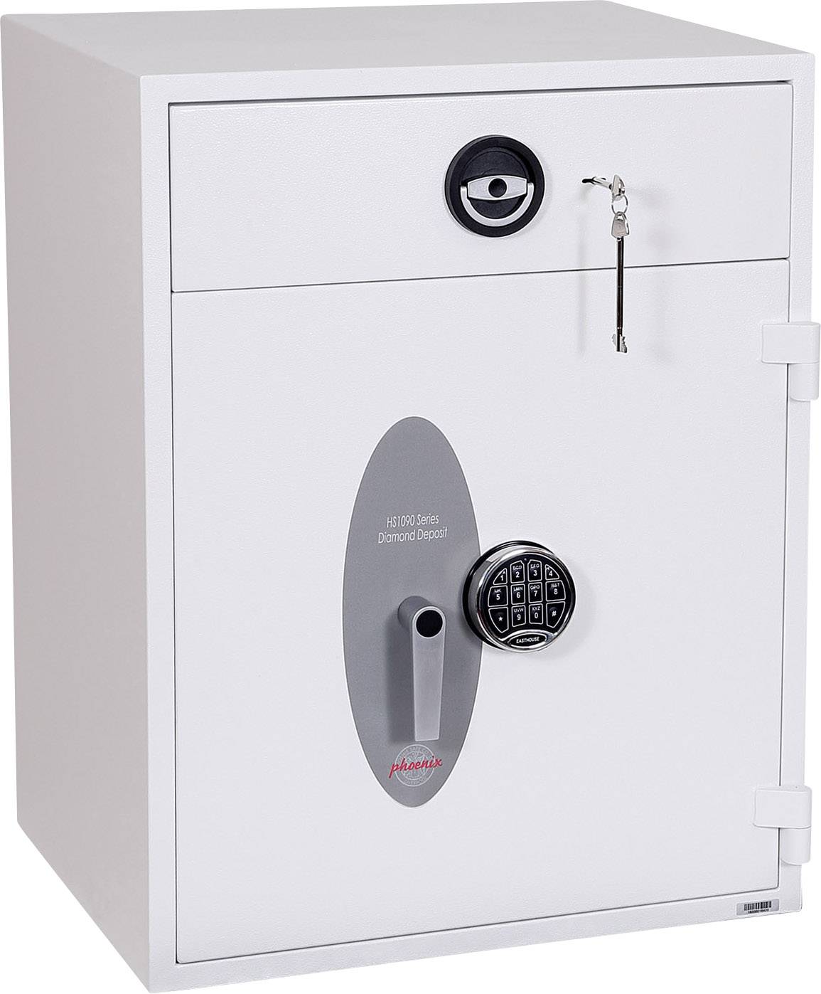 Ein weißer Safe mit digitalen Tastenschloss und einer Schlüsselöffnung. Der Safe hat eine rechteckige Form und steht aufrecht.