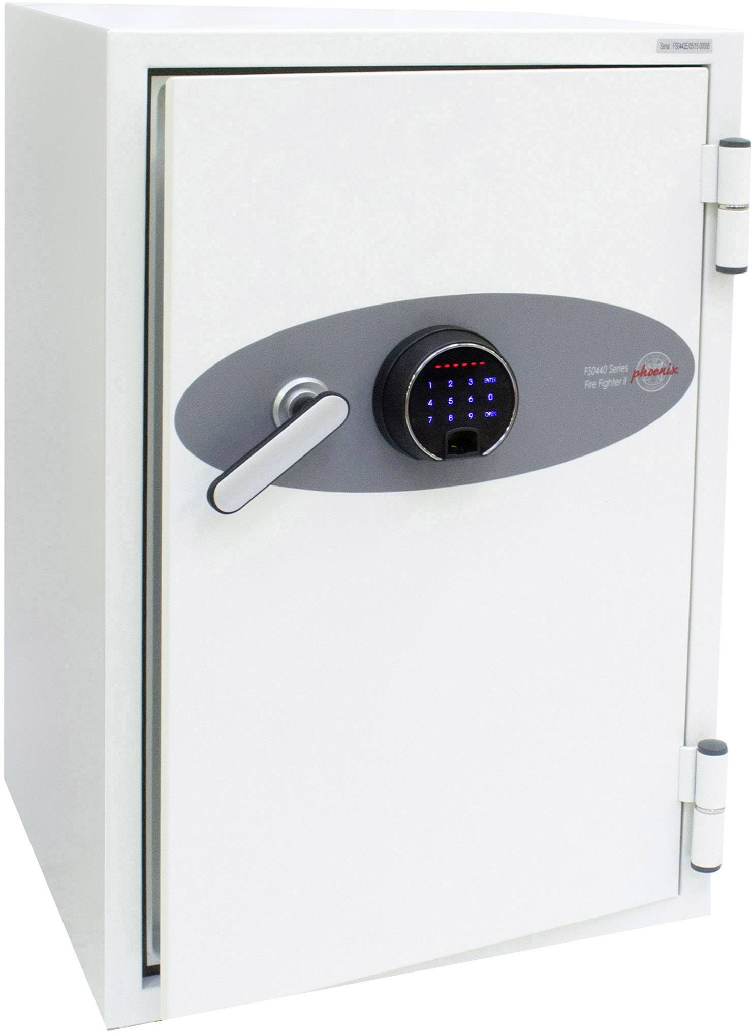 Ein weißer Safe mit digitalem Zahlenschloss und silbernem Griff, geeignet zur sicheren Aufbewahrung von Wertsachen.