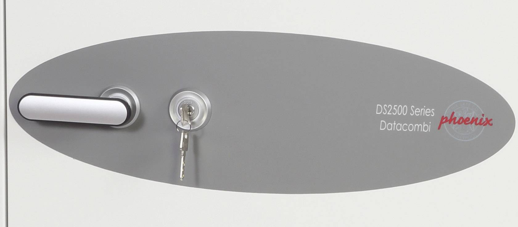 Ein Tresor mit einem silbernen Griff und zwei Schlüssellöchern. Beschriftung: 'DS2500 Series Datacombi' und 'phoenix'.