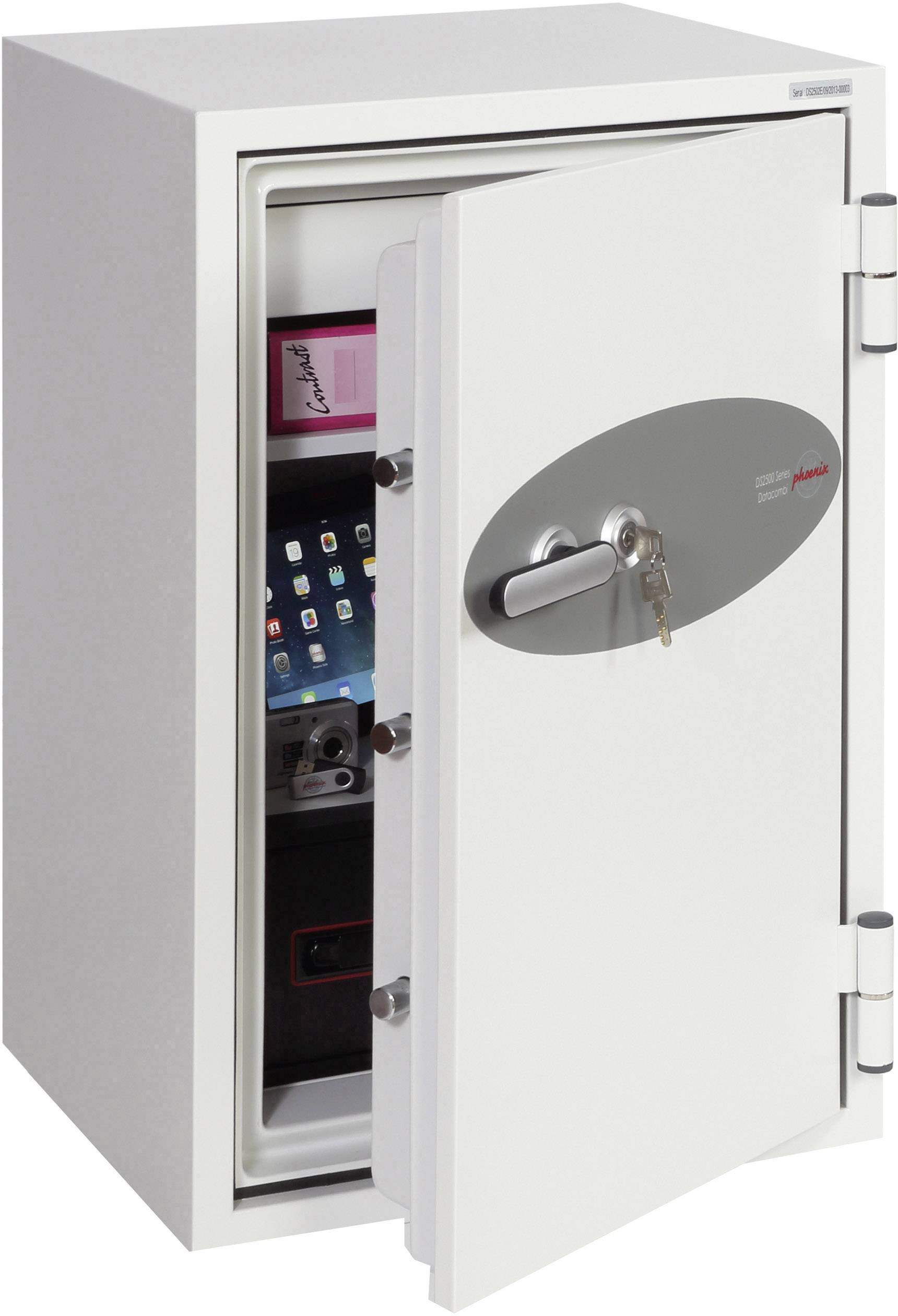 Geöffneter Safe mit Schlüssel im Schloss, darin Dokumente und ein Tablet sichtbar.