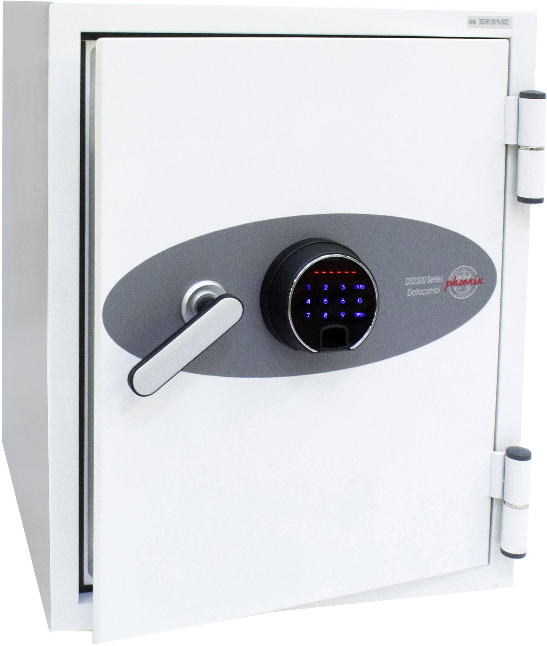Ein weißer Tresor mit digitalem Zahlenschloss und Griff. Geeignet zur sicheren Aufbewahrung von Wertgegenständen und Dokumenten.
