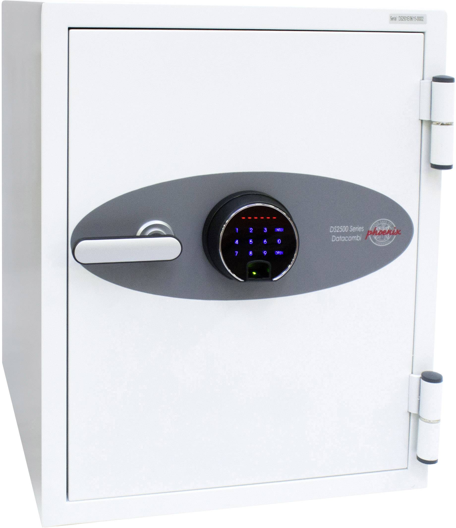 Stahlschrank mit elektronischem Zahlenschloss, geschlossen. Geeignet zur sicheren Aufbewahrung von Wertsachen oder Dokumenten.