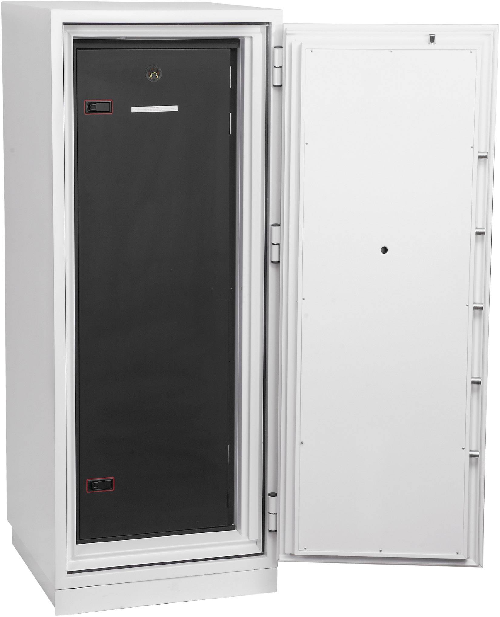 Ein großer, geöffneter Tresor mit einer grauen Außenseite und einem schwarzen Innenbereich. Der Tresor ist leer.