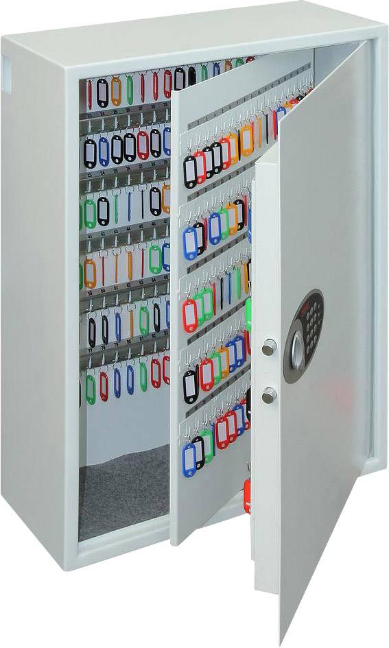 Ein geöffneter Schlüsselschrank, gefüllt mit vielen Schlüsseln, die an beschrifteten Haken hängen. Verschiedene Farben der Schlüsselanhänger.