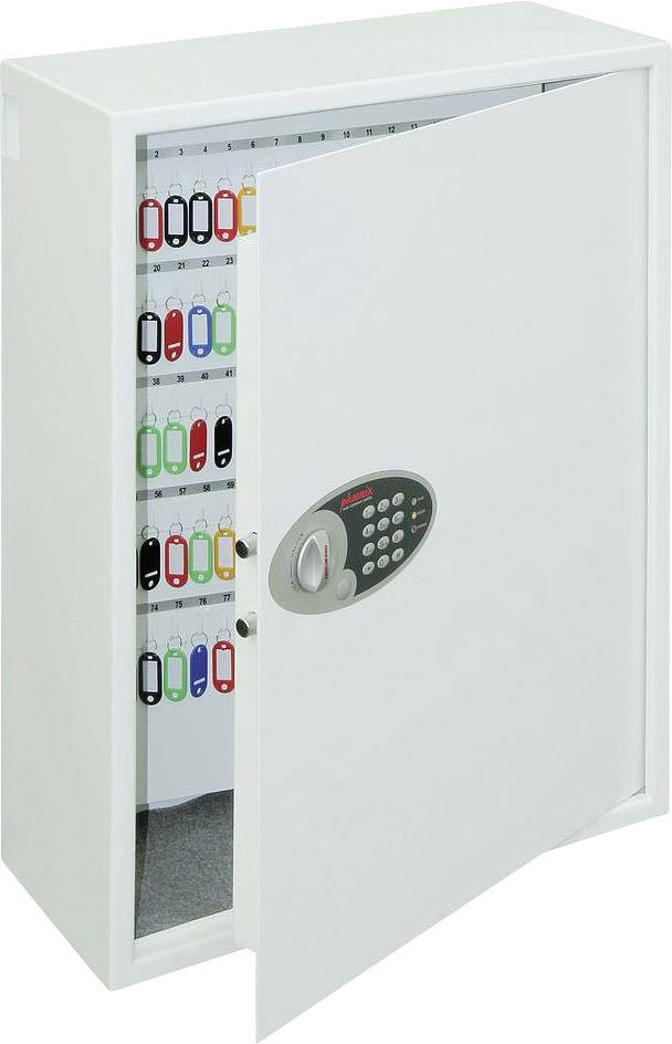 Ein geöffneter, weißer Schlüsseltresor mit elektronischem Zahlenschloss, der bunte, nummerierte Schlüsselanhänger enthält.