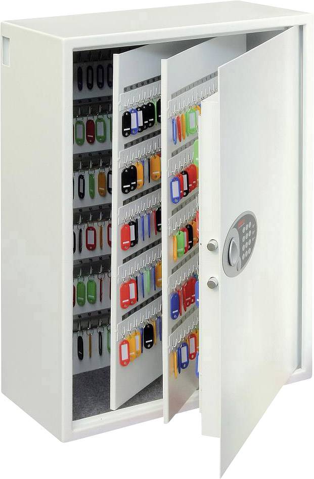 Ein silberner Schlüsselschrank mit geöffneter Tür zeigt zahlreiche hängende Schlüssel in verschiedenen Farben an Haken.