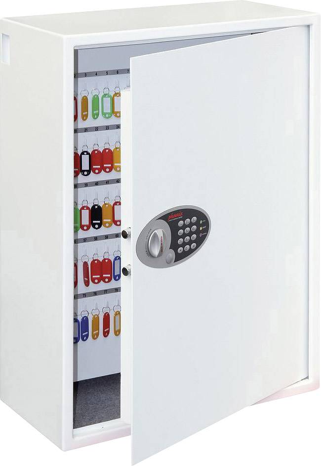 Geöffneter Tresor mit Schlüsseln an farbigen Anhängern in mehreren Reihen, sichtbar durch die geöffnete Tür. Elektronisches Zahlenschloss.