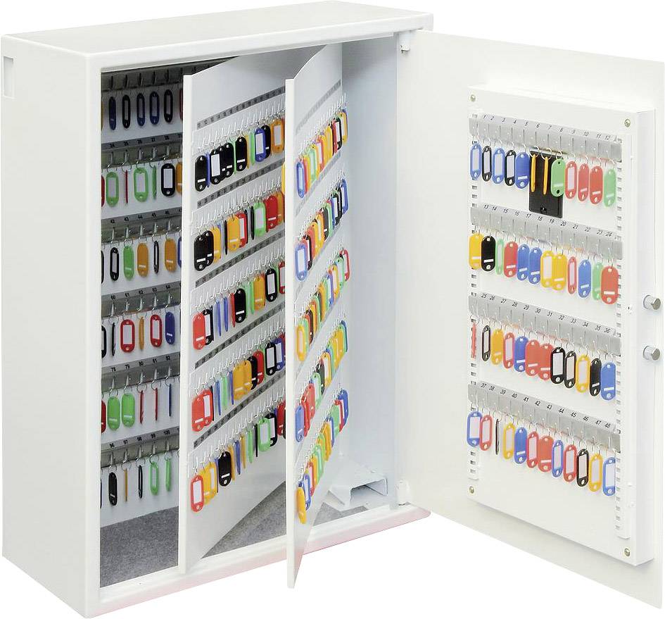 Geöffneter Schlüsselschrank mit mehreren Reihen bunter Schlüsselanhänger.