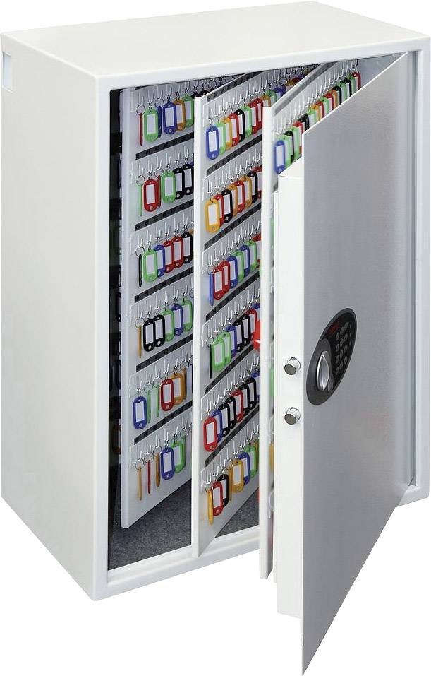 Ein offener Schlüsselschrank mit mehreren Reihen farblich gekennzeichneter Schlüsselanhänger.