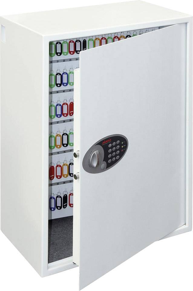 Ein geöffneter weißer Schlüsselschrank mit farbigen Schlüsselanhängern an Hakenreihen. Digitales Zahlenschloss an der Tür.