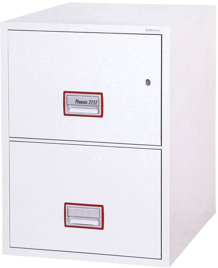Ein weißer zweischubladiger Aktenschrank mit einem Schloss an der oberen Schublade, geeignet für die sichere Aufbewahrung von Dokumenten.