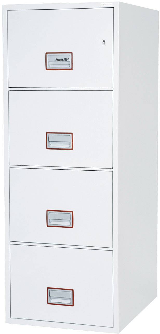 Ein weißer Aktenschrank mit vier Schubladen, die Griffe haben rote Umrandungen. Geeignet zur Aufbewahrung von Dokumenten.