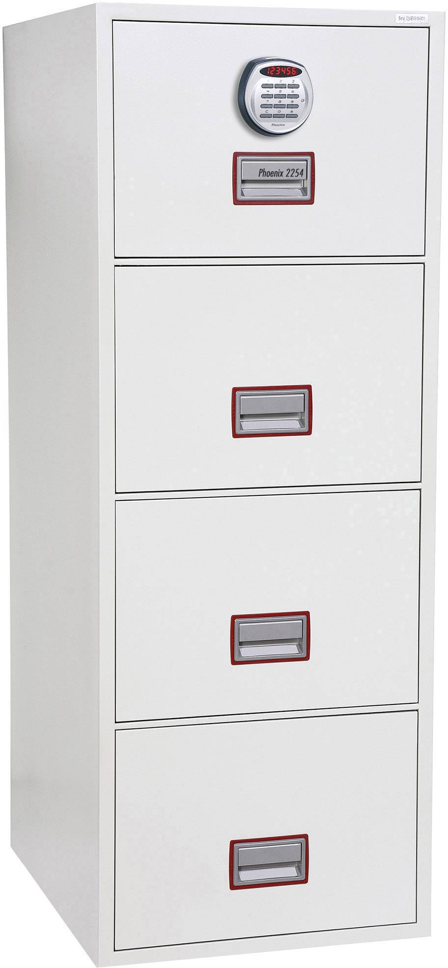 Ein weißer Aktenschrank mit vier Schubladen und einem elektronischen Zahlenschloss oben. Ideal zur sicheren Aufbewahrung von Dokumenten.