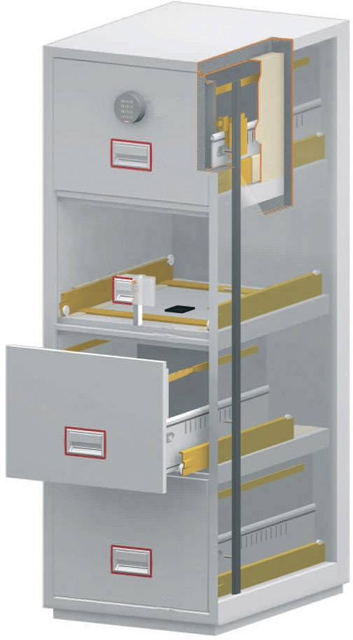 Illustration eines Tresors mit Schubladen, die unterschiedliche Sicherheitsstufen anzeigen. Obere und mittlere Kamera offen mit Sicht auf Mechanismen.