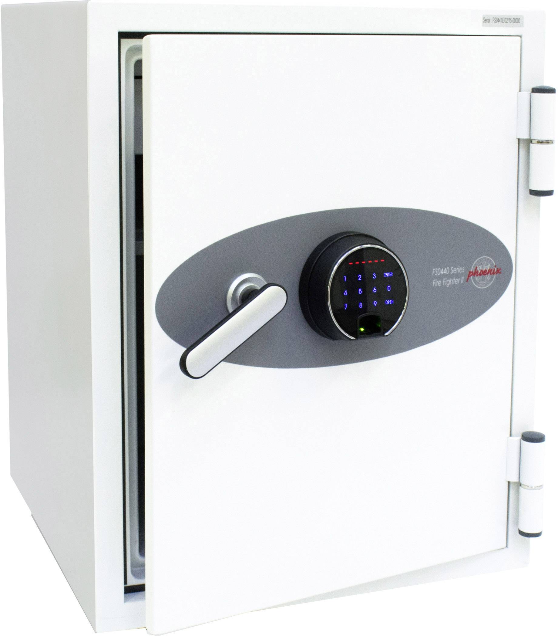 Ein weißer Tresor mit digitalem Code-Tastfeld und Drehgriff.