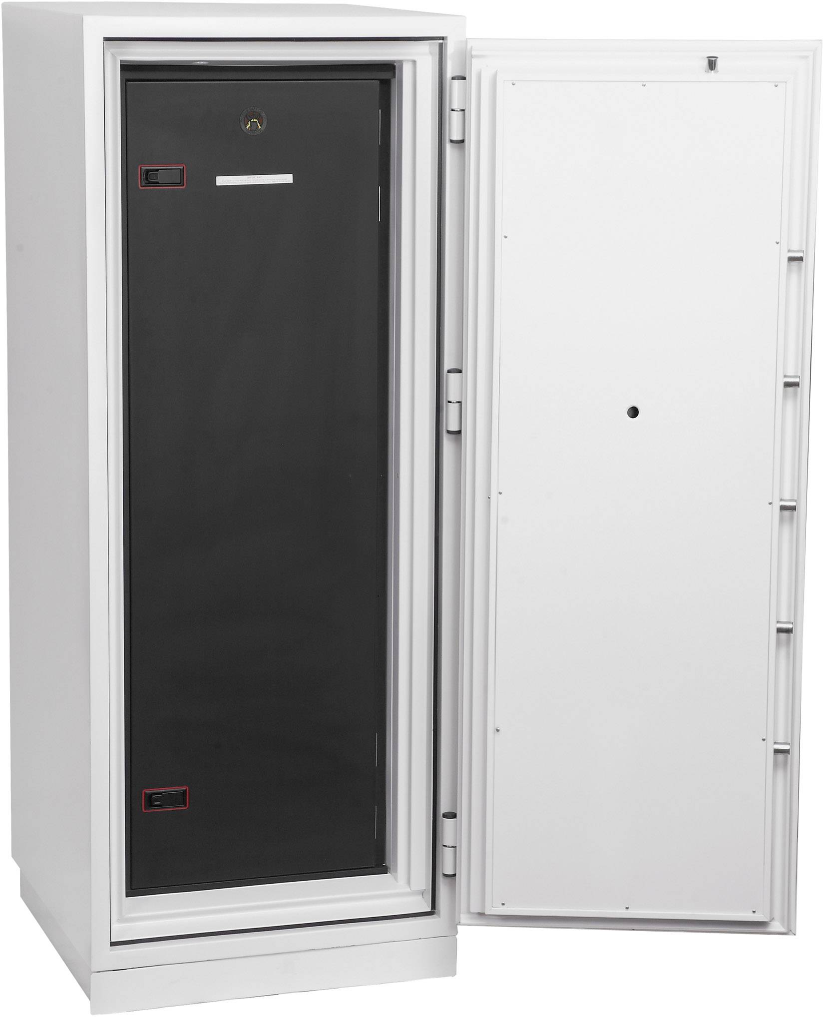 Ein geöffneter Tresor mit einer schwarzen Innenfläche und einer weißen Tür steht offen. Der Fokus liegt auf Sicherheit und Aufbewahrung.