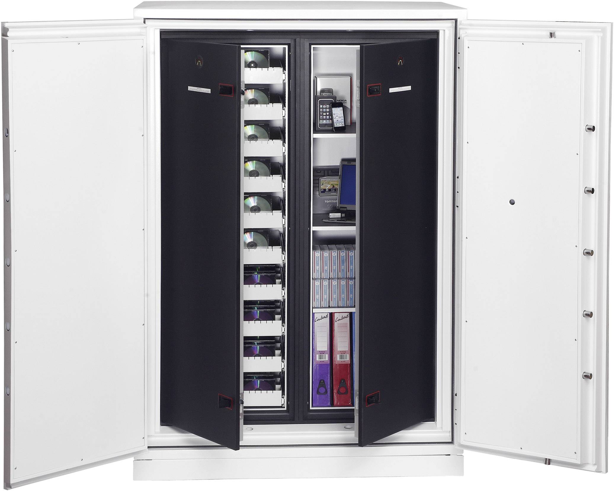 Ein geöffneter Tresor zeigt verschiedene Ablagefächer mit weißen Kisten, Ordnern und elektronischen Geräten zur sicheren Aufbewahrung.