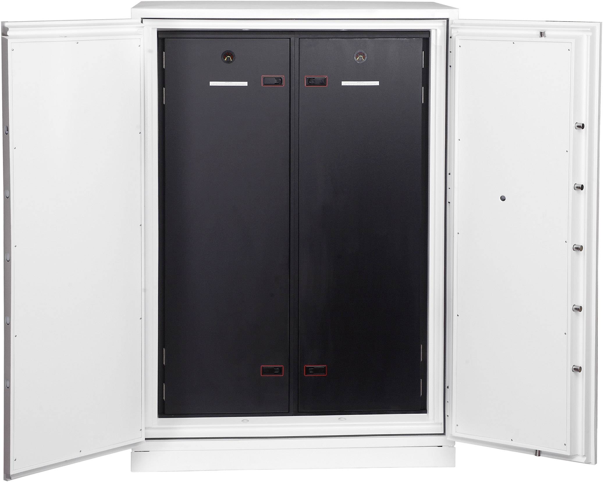 Metallschrank mit zwei offenen Türen, zeigt zwei schwarze Innenfächer. Ideal zur sicheren Aufbewahrung von Dokumenten oder Wertsachen.