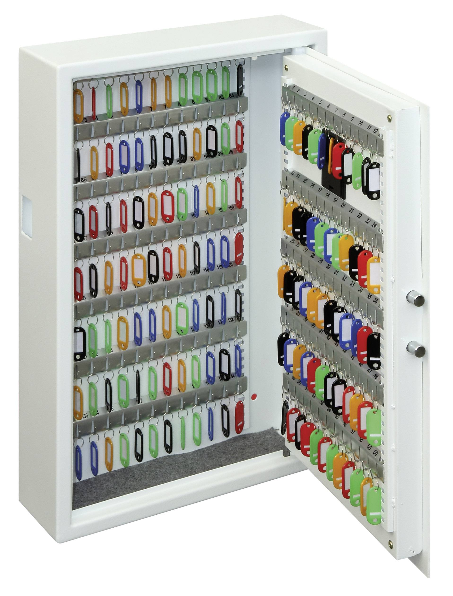 Ein geöffneter Schlüsselkasten mit mehreren Reihen von bunten Schlüsselanhängern. Die Tür ist nach rechts geöffnet.