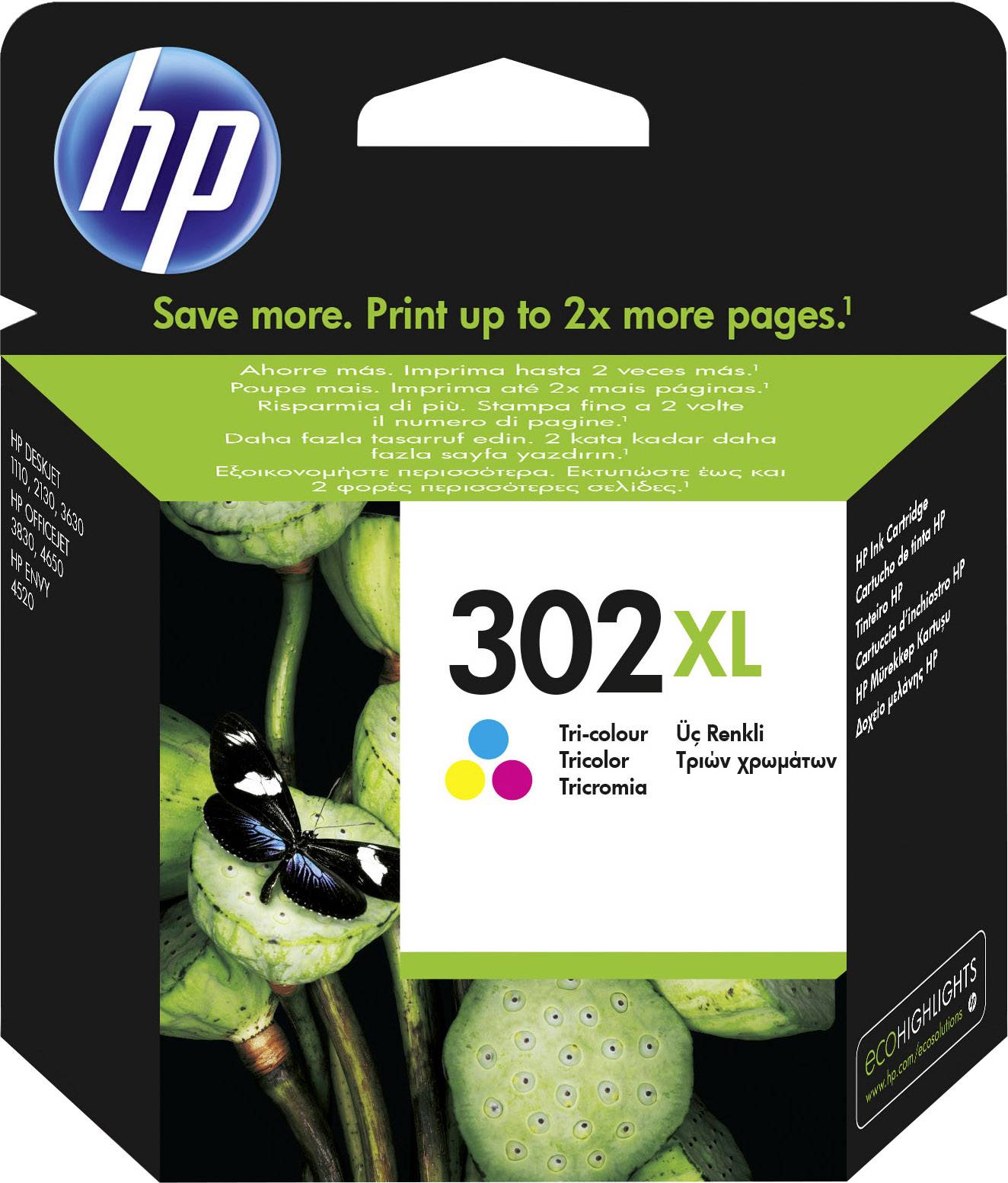 Druckerpatrone HP 302XL in Farbe. Verpackung zeigt Einsparungsmöglichkeiten: Bis zu doppelt so viele Seiten drucken.