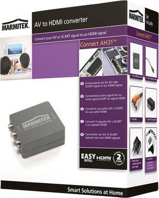 'AV zu HDMI Konverter' Verpackung zeigt Konvertergerät, Kabel und Anleitung. Wandelt AV/SCART zu HDMI um. 2 Jahre Garantie.
