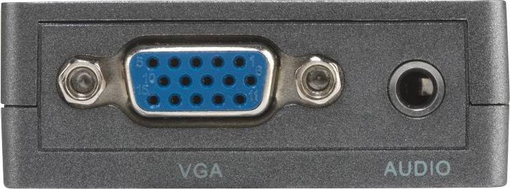 'VGA'- und 'Audio'-Anschlüsse an einem elektronischen Gerät. VGA ist für Videoübertragung, Audio für Tonübertragung.