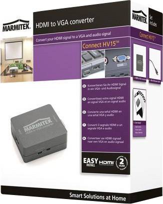 'HDMI zu VGA Konverter'-Verpackung zeigt das Gerät und beschreibt dessen Funktion, HDMI-Signale in VGA- und Audiosignale umzuwandeln.