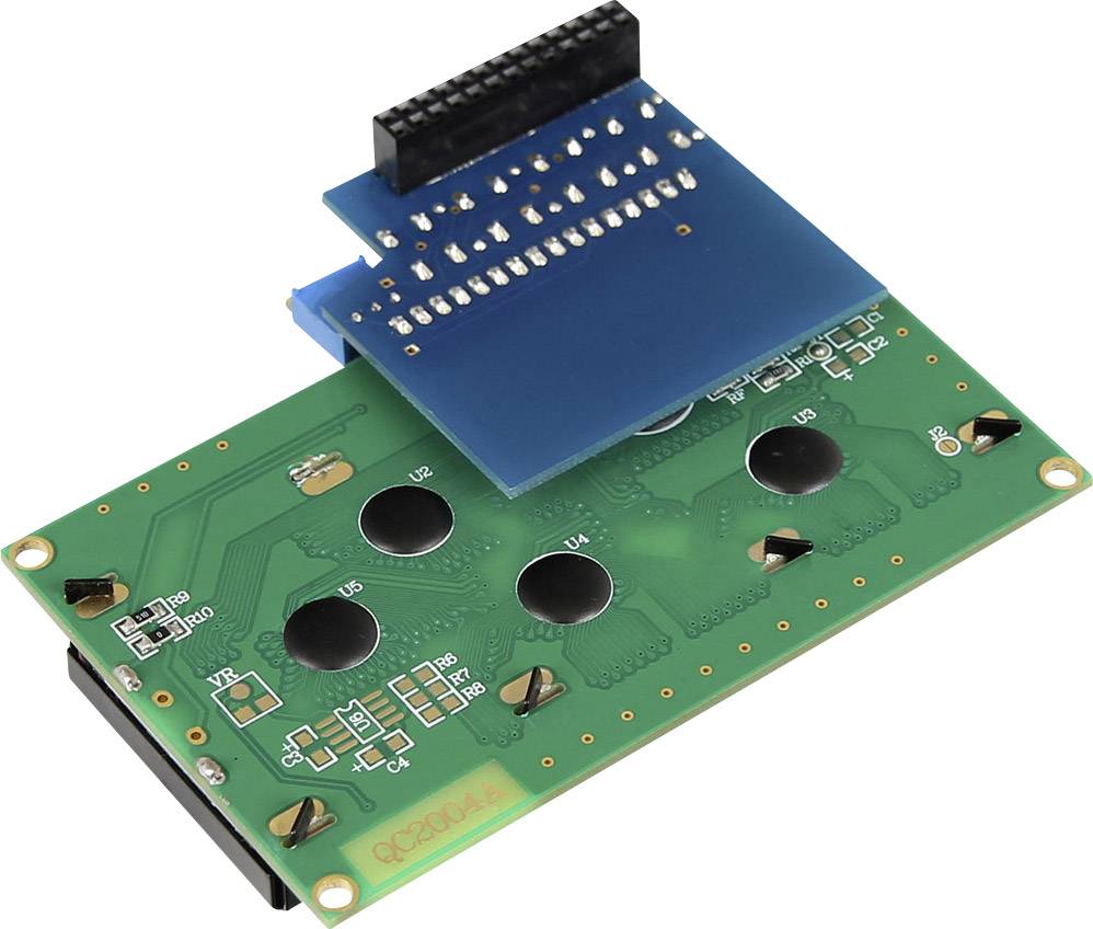 Grüne elektronische Schaltung mit vier schwarzen Tasten und blauer Anschlussplatine.