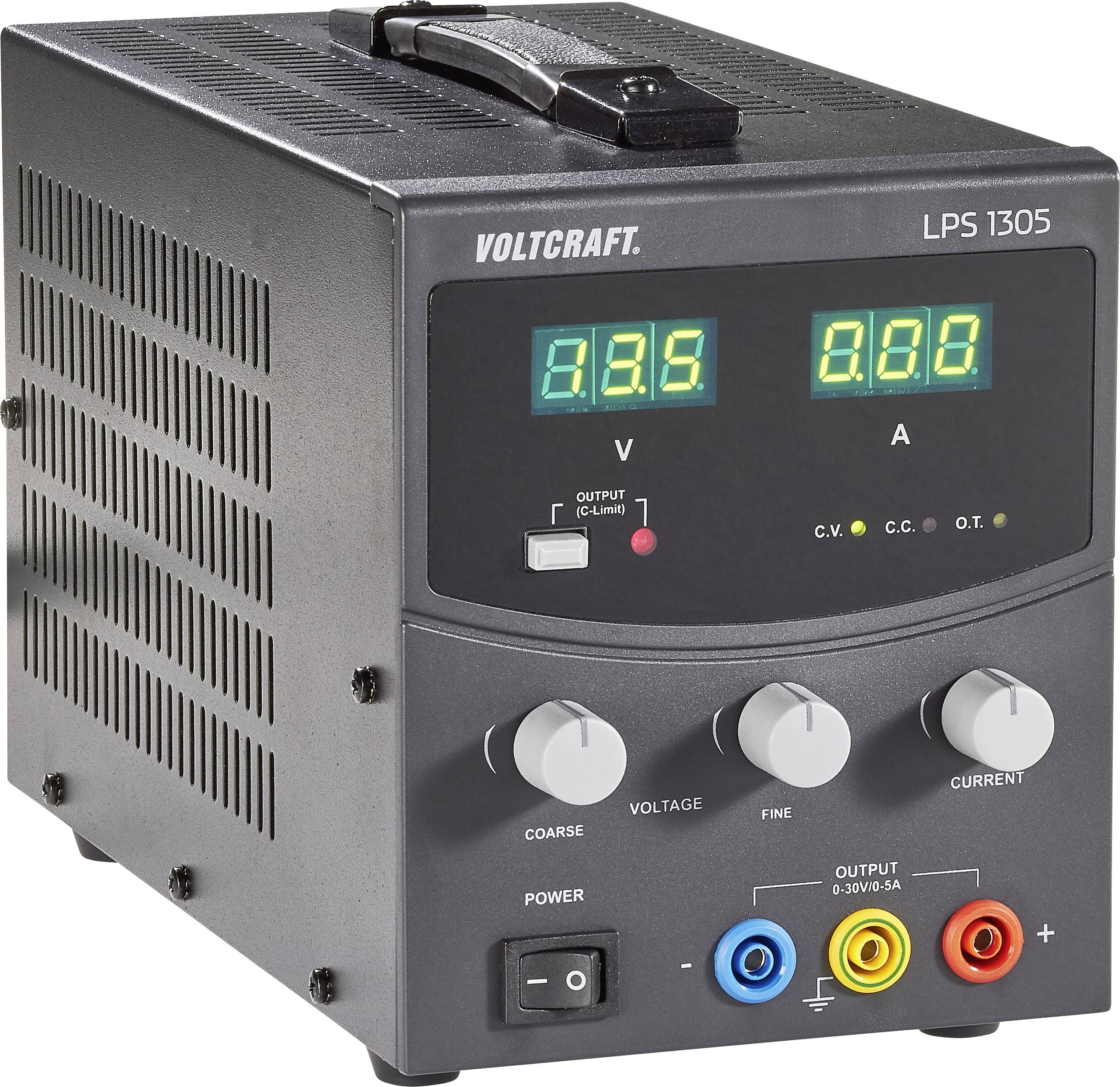 Netzteil Voltcraft LPS 1305 mit Displayanzeige für Spannung und Stromstärke. Drehen Sie Knöpfe zur Feineinstellung von Spannung und Strom.