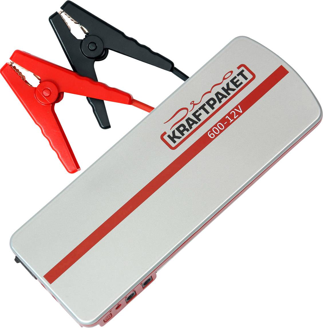 Starthilfe-Gerät mit roten und schwarzen Klemmen. Aufschrift 'Kraftpaket 600.12V'.