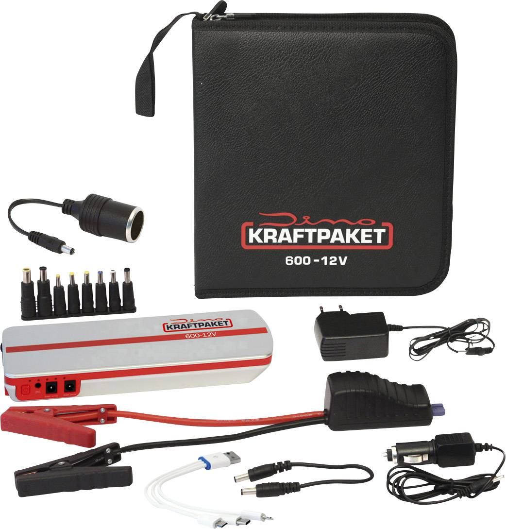 Tragbares Autobatterie-Starterset mit Powerbank, Kabeln, Steckern und Tasche, beschriftet mit 'Dino Kraftpaket 600-12V'.
