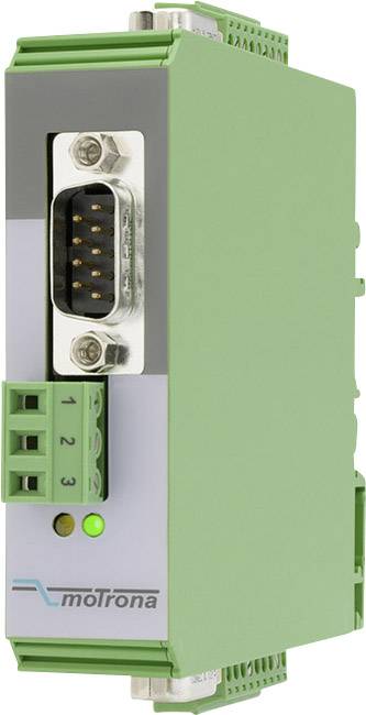 Ein grünes elektronisches Gerät mit mehreren Steckanschlüssen. Auf der Vorderseite leuchtet eine grüne LED. Markenname 'moTrona'.