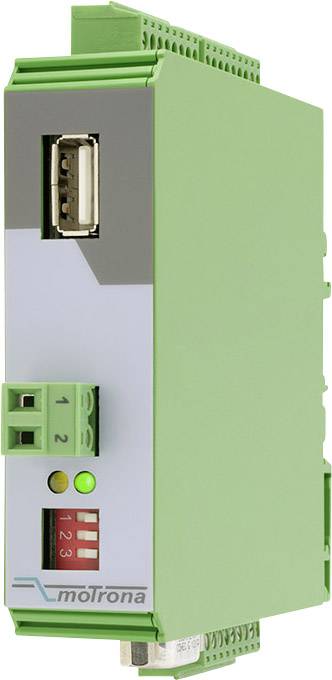 Grünes elektronisches Gerät mit USB-Anschluss und LED-Anzeige, verwendet für industrielle Automatisierung oder Steuerungssysteme.
