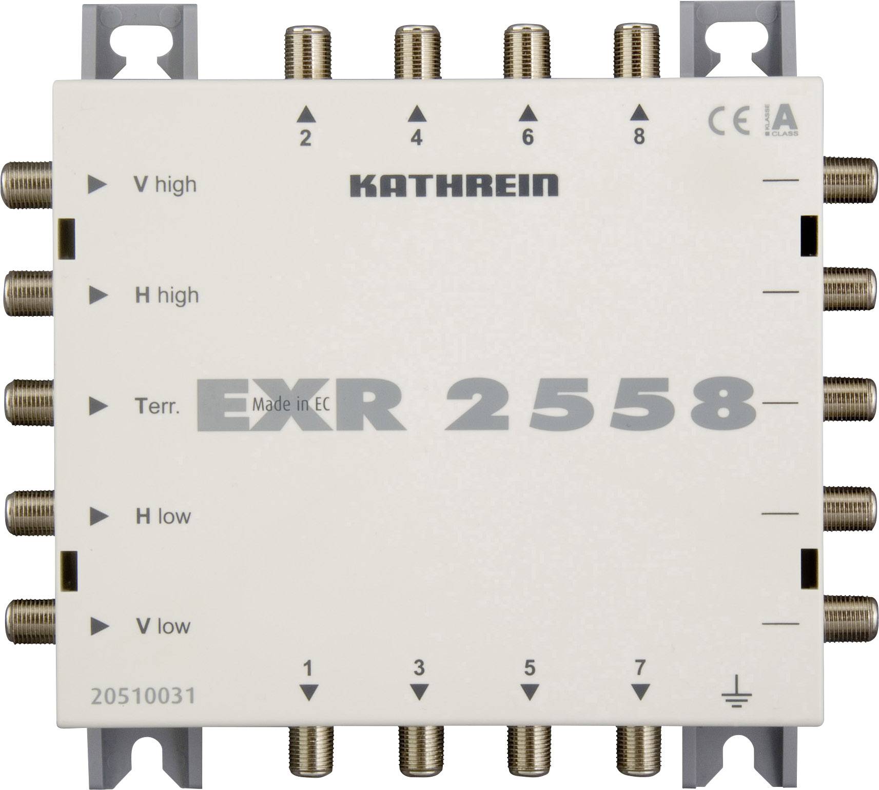 Multischalter von Kathrein, Modell 'EXR 2558'. Verfügt über zahlreiche Eingänge und Ausgänge für Satelliten- und terrestrische Signale.
