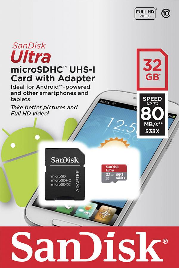 SanDisk Ultra® Android mit 80 MB/s und SanDisk Memory Zone Android App microSDHC-Karte 32 GB Class 10, UHS-I inkl. SD-Adapter, inkl
