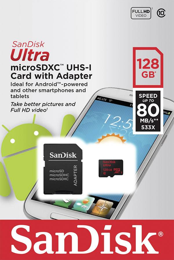 SanDisk Ultra® Android mit 80 MB/s und SanDisk Memory Zone Android App microSDXC-Karte 128 GB Class 10, UHS-I inkl. SD-Adapter, inkl. Android-Softwa