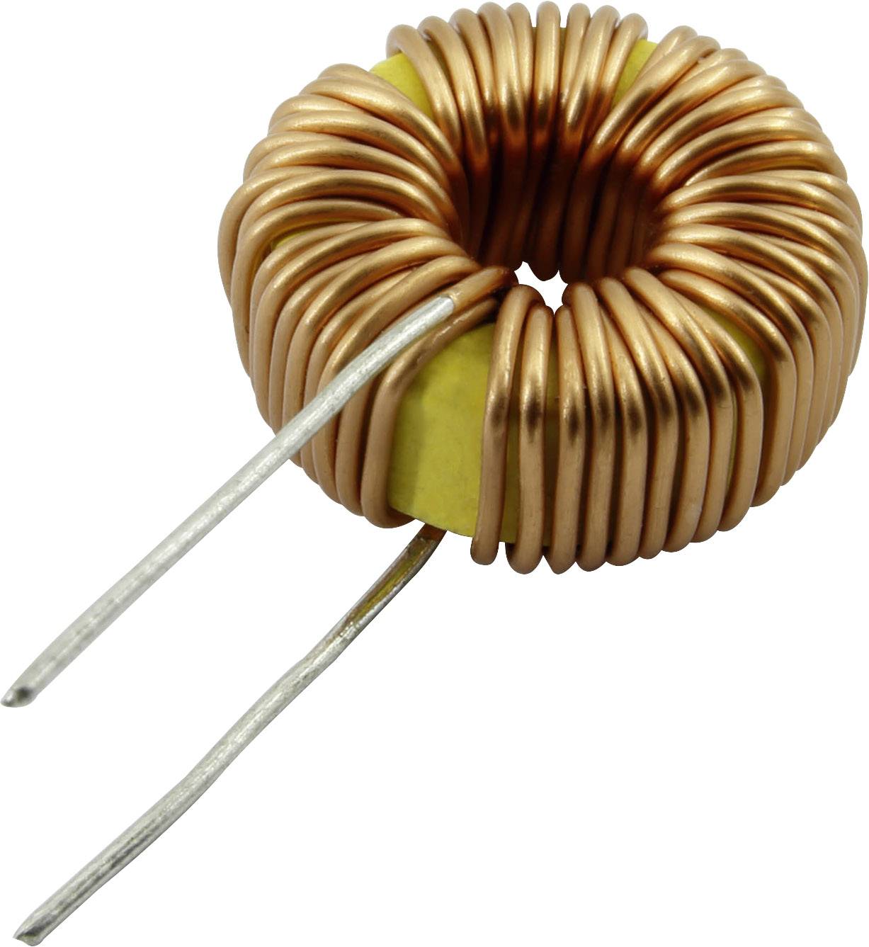 Kupferspule mit zwei herausragenden Drähten. Sie ist für elektronische Anwendungen wie Induktionsspulen oder Transformatoren geeignet.