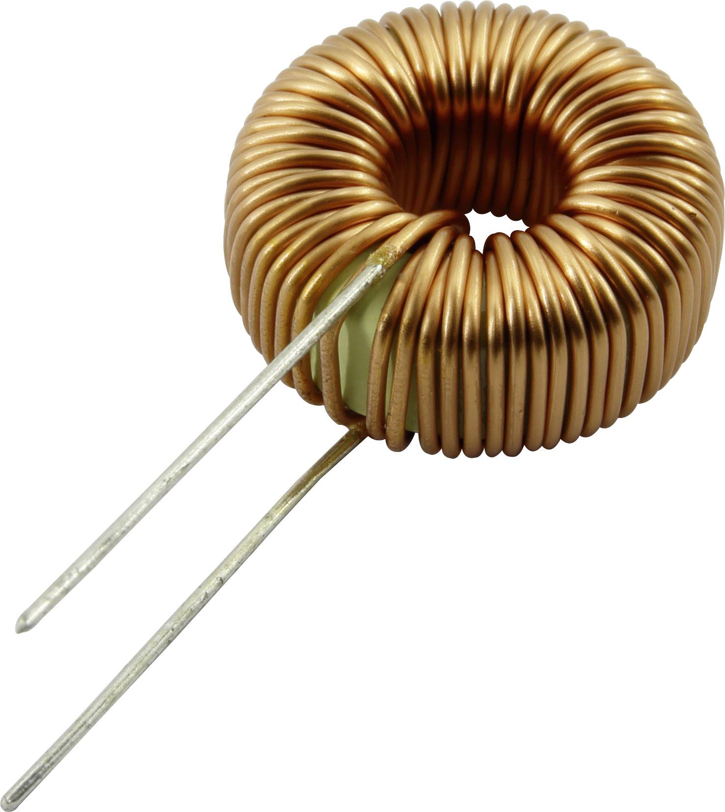 Ein Kupferspuleninduktor in Ringform mit zwei Drahtanschlüssen, verwendet in elektronischen Schaltungen zur Speicherung von Energie.