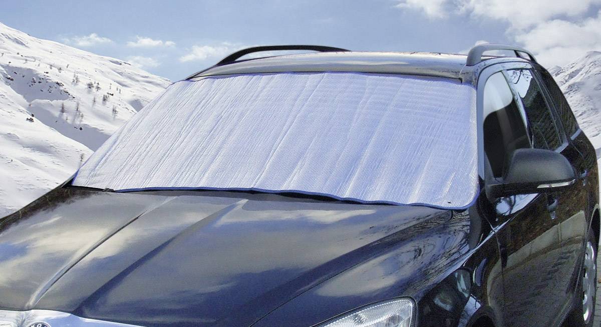 Ein schwarzes Auto mit einer silbernen Frostschutzabdeckung auf der Windschutzscheibe steht vor einer schneebedeckten Bergkulisse.