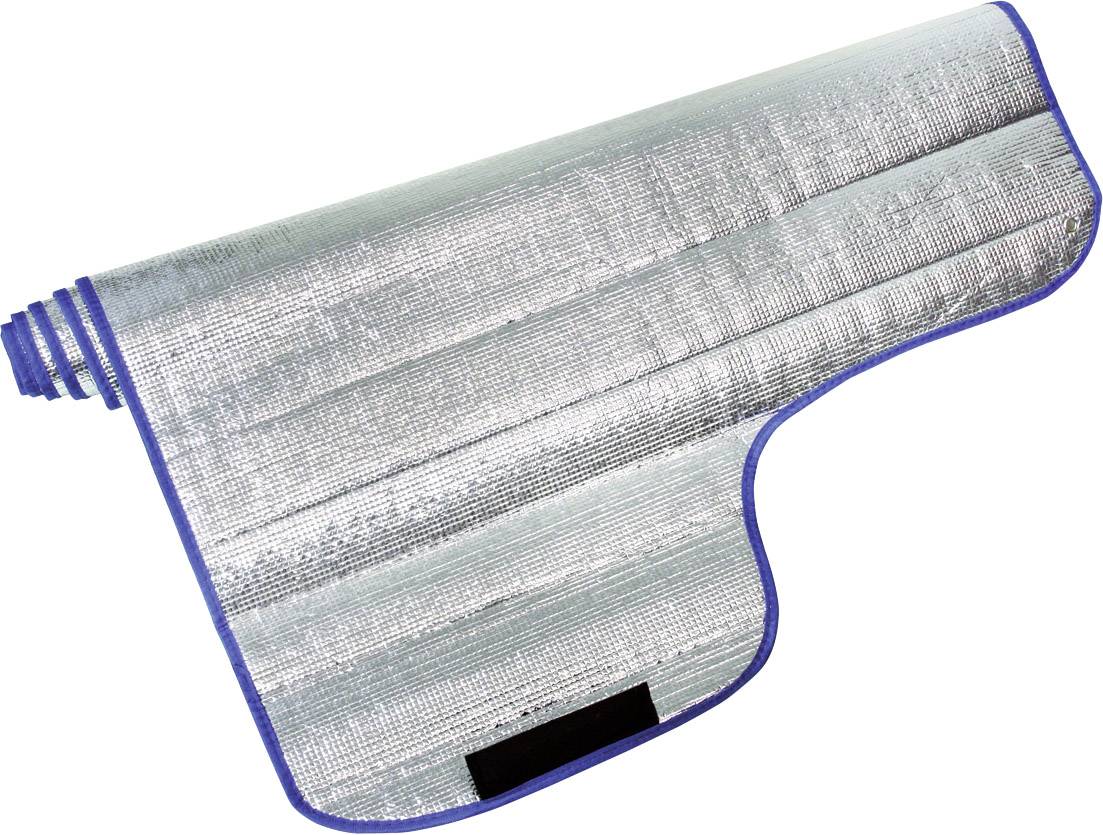 Isolierte, silberne Decke mit blauen Kanten, zusammengerollt an einem Ende. Geeignet für Outdoor-Aktivitäten oder Notfälle.
