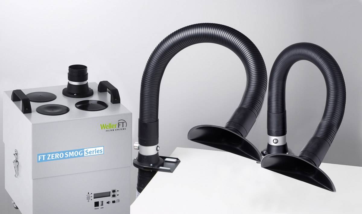 Lötrauchabsaugungssystem mit zwei flexiblen Schläuchen und Absaughauben, geeignet für den Einsatz in Elektronik-Arbeitsplätzen.