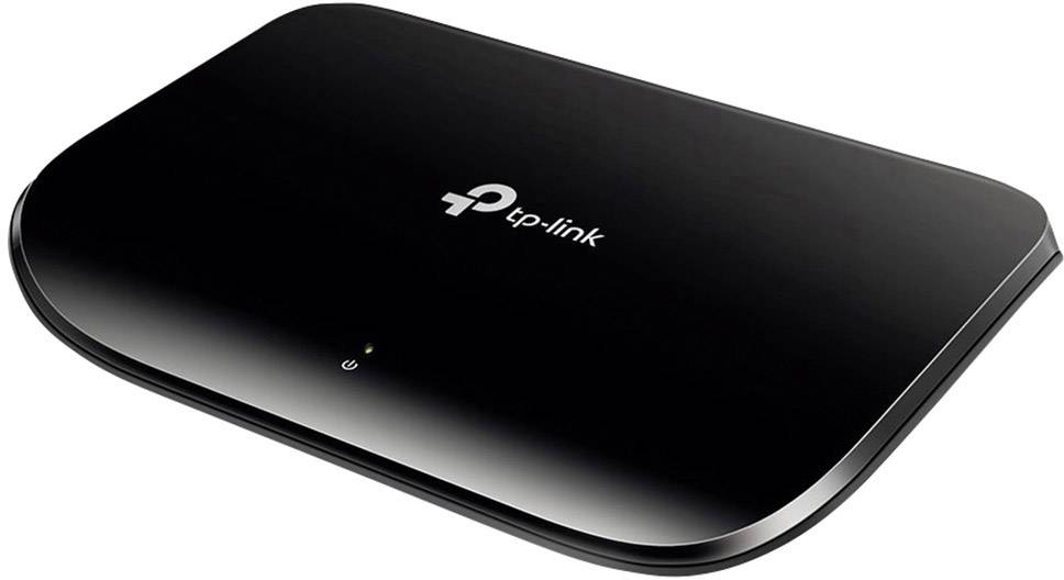Ein schwarzer WLAN-Router der Marke TP-Link mit einem einzigen grünen Indikatorlicht auf der Vorderseite.