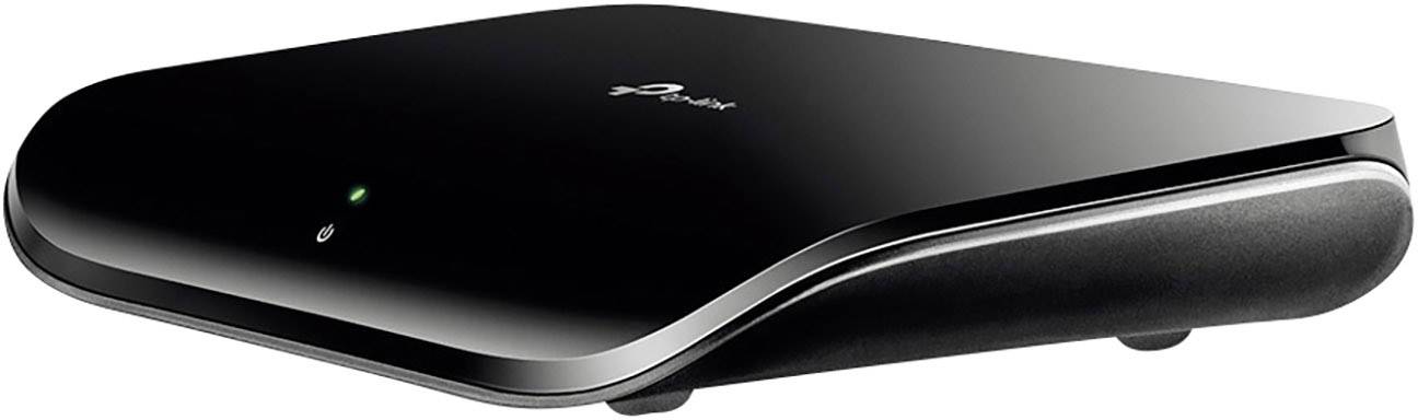 Schwarzer Netzwerk-Switch mit minimalistischem Design, grünem LED-Licht auf der Vorderseite und TP-Link-Logo oben.