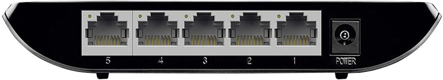 Die Abbildung zeigt die Rückseite eines Netzwerk-Switches mit fünf Ethernet-Anschlüssen, nummeriert von 1 bis 5, und einem Stromanschluss.